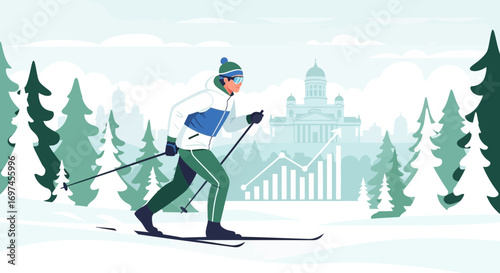Cross-country skiing in Finland against the backdrop of Helsinki Cathedral and rising graphs