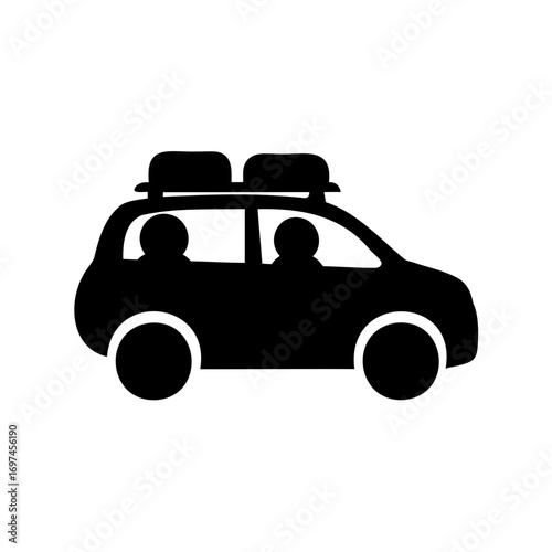 Black and white illustration of an SUV car with roof luggage