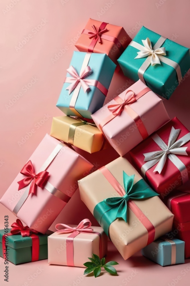 Fototapeta premium Pile of diverse wrapped gifts, colorful paper, xmas, holiday season, ribbon