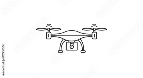 A simple line art illustration of a drone with a camera, isolated on a plain transparent background