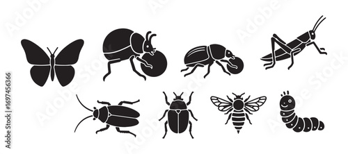 illustration, design, symbol, vector, icon set, stag, caterpillar, cockroach, dragonfly, insect, pest, beetle, centipede, flat design, grasshopper, line art, moth, outline, sign, slug, snail, wasp