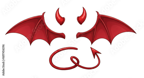 A set of red devil wings, two horns, and a curly tail with an arrow tip, all isolated on a transparent background