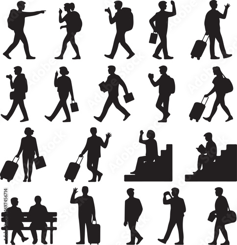 Silhouette Collection Of People Traveling And Commuting Keywords: travel, commuting, walking