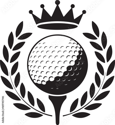 Golf ball vector logo. Golf ball on tee with wreath and crown. Vector illustration