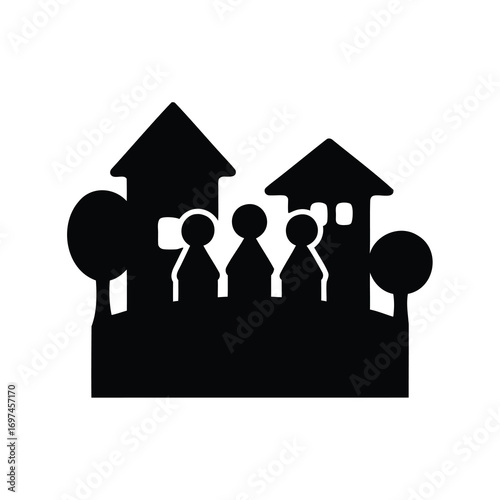 Monochrome image depicts stylized houses and figures suggesting neighborhood community