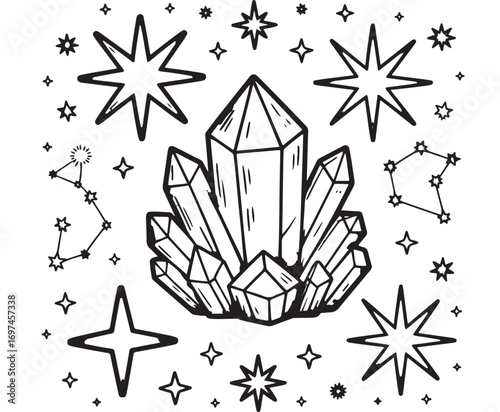 Celestial Crystal Cluster Line Art, Mystical, Esoteric, Wiccan, Boho