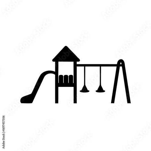 A playground silhouette with a slide, playhouse, and two swings