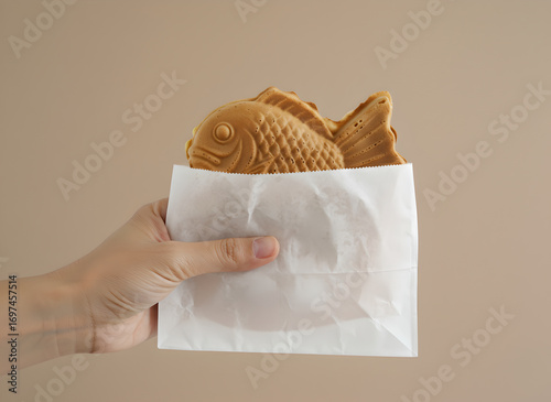 Wallpaper Mural Hand Holding Taiyaki Dessert in White Paper Bag for Mockup Torontodigital.ca