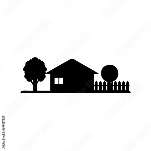 Black silhouette of a house with trees and a picket fence landscape