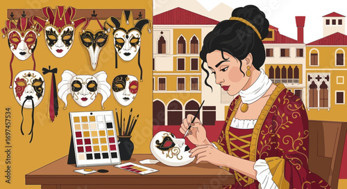 A woman paints a traditional venetian mask with background of masks and venetian buildings cartoon