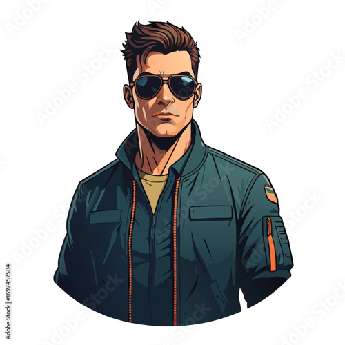 Tough guy vector illustration of a rugged man wearing sunglasses and a jacket with orange accents standing confidently in a neutral background