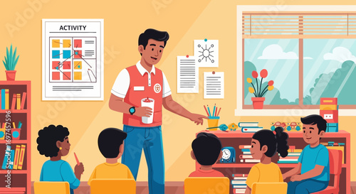 Illustration depicting a classroom scene with a teacher instructing diverse students in a learning