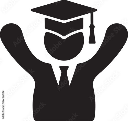 Graduate student boy in square hat raise hands vector icon. Male in mortar hat and graduation academic wear