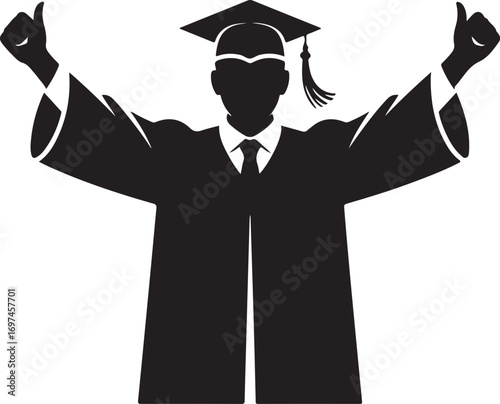 Graduate student boy in square hat raise hands vector icon. Male in mortar hat and graduation academic wear