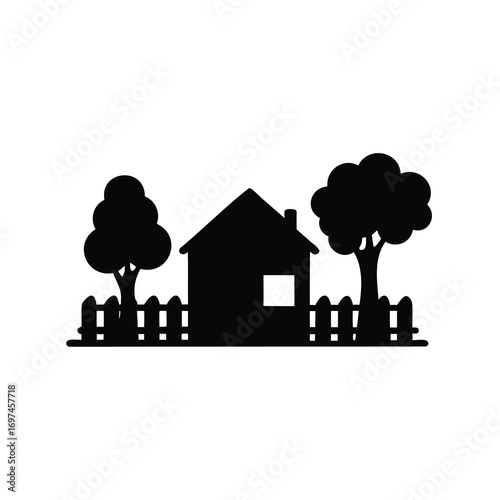 Simple Black and White Illustration of a House with Trees and Fence