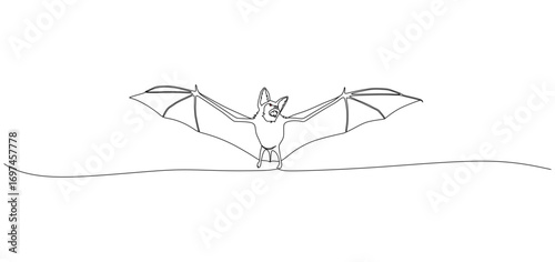 Minimalist one-line drawing of a bat with wings spread wide, showcasing its unique shape and nocturnal symbolism