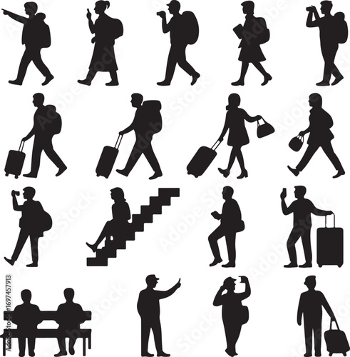 Travelers and Tourists Silhouettes Collection with Luggage and Phones people suitcase