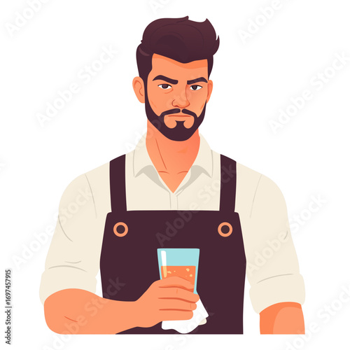 tough guy vector illustration of a rugged man with beard wearing overalls holding a glass of beer with a cloth in his hand looking strong and confident in a casual setting