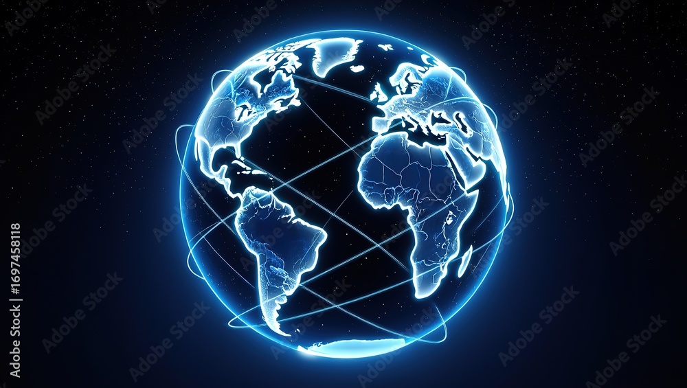 Fototapeta premium Abstract 3D Earth map with pastel blue and white networked connections, futuristic global visualization.