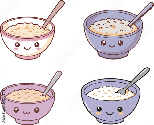 Cute kawaii bowl of porridge with smiling face for older persons. International Day of Older Persons