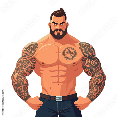 A muscular tattooed man with a tough guy vector illustration standing confidently with his hands on his hips