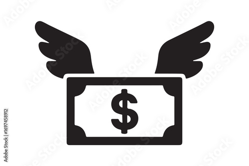 Dollar flaying wings silhouette on white background
