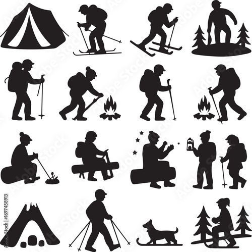 Winter Camping and Skiing Silhouettes with Tent and Campfire vector illustration