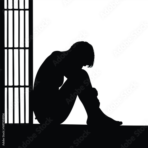 Silhouette of a person curled up next to prison bars on white background