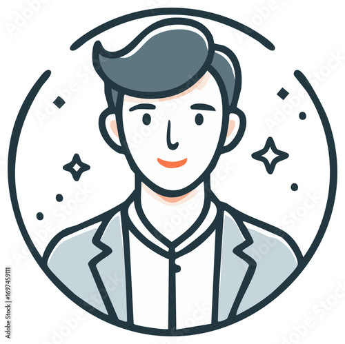 Illustration of a man in a business suit within a circle frame