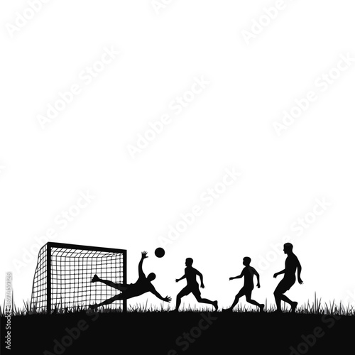 Silhouette of a soccer game with a diving goalkeeper