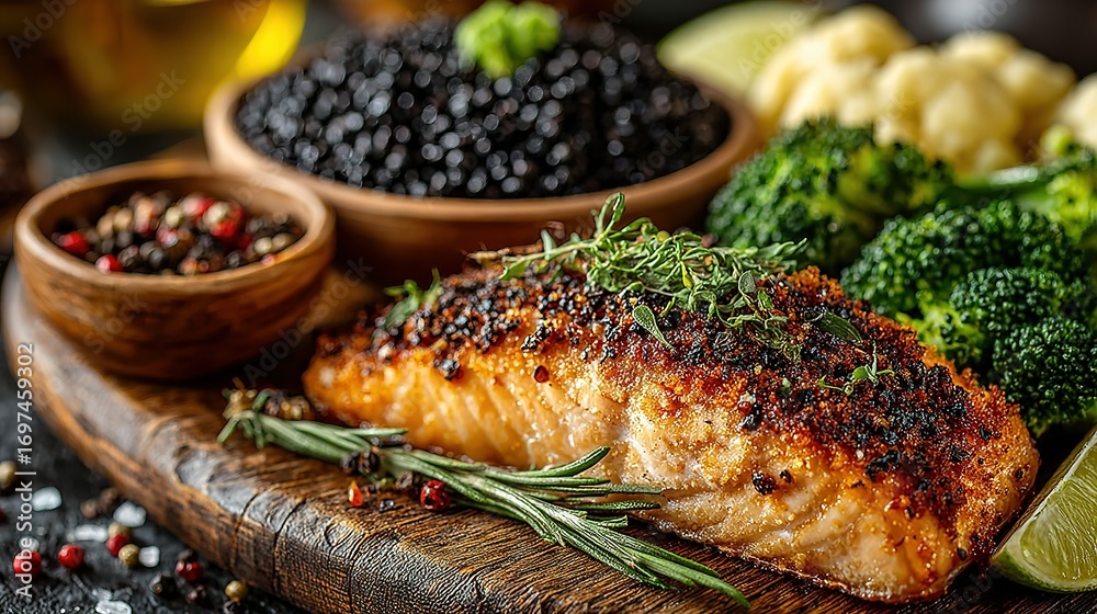 custom made wallpaper toronto digitalGrilled salmon with lentils broccoli cauliflower and spices on a wooden board.
