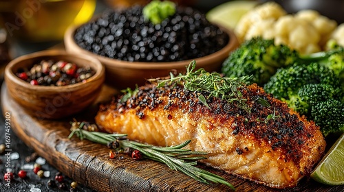 Wallpaper Mural Grilled salmon with lentils broccoli cauliflower and spices on a wooden board. Torontodigital.ca