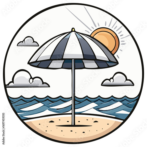 Cartoon Seaside Scene with Umbrella Sun Waves and Clouds in Circular Design