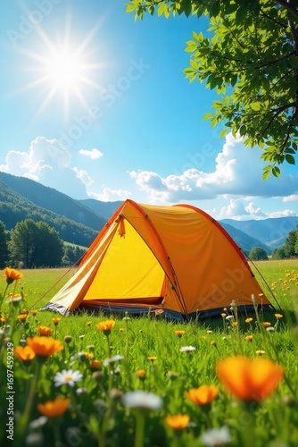 A brightly colored tent pitched in a sun-drenched meadow, surrounded by wildflowers, conveying a sense of carefree joy and outdoor adventure , vibrant, cheerful, escape