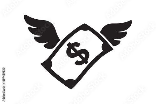Flying money emoji with wings black silhouette on white background