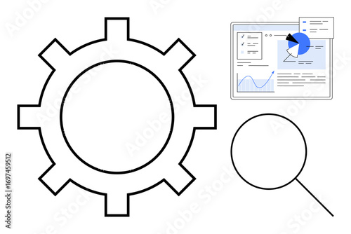 Gear, analytics dashboard, magnifying glass. Ideal for data analytics, optimization, technology, research, marketing strategy growth. Perfect for a simple landing page