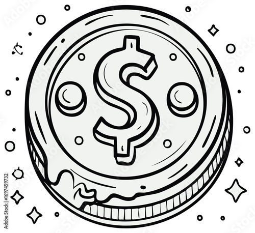 Money coin with dollar sign in cartoon doodle style for wealth and finance themes