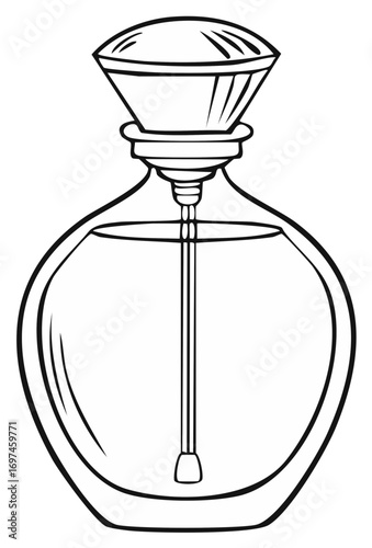 Elegant outline illustration of a classic perfume bottle with a sophisticated cap and internal wand