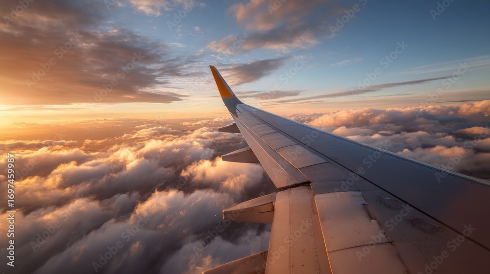 Fototapeta premium Airplane wing piercing fluffy clouds at dawn or dusk, bathed in warm golden sunlight