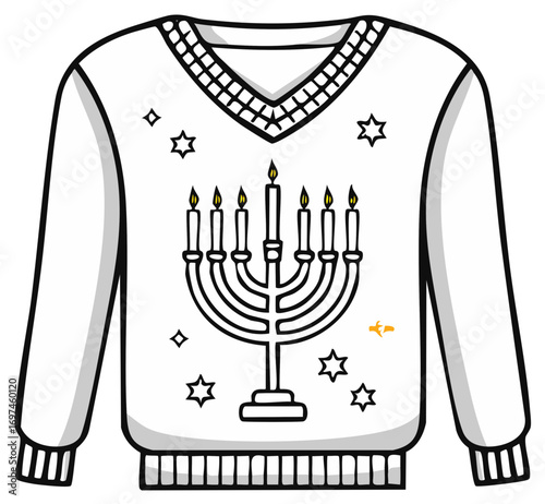 Ugly Hanukkah sweater graphic with menorah and stars, holiday clothing illustration, warm winter sweater, cute vector, festive