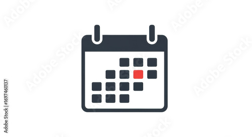 A dark blue calendar icon with a grid of squares, one of which is highlighted in red, sits isolated on a plain transparent background