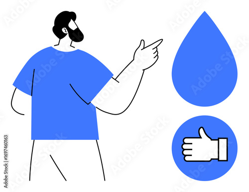 Man gestures toward a blue water drop and thumbs-up sign, symbolizing approval and care for natural resources. Ideal for environment, conservation, sustainable living, decision-making, education