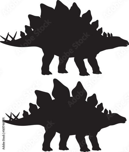 Black stegosaurus dinosaur silhouettes in a matching pair for prehistoric vector designs