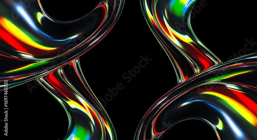 Dynamic abstract chrome waves with vibrant rainbow light reflections against a deep black background