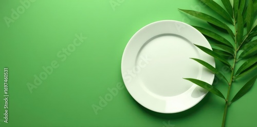 Empty plate, palm leaves, olive green background Minimalist, tropical, summer vibe , table, design, white