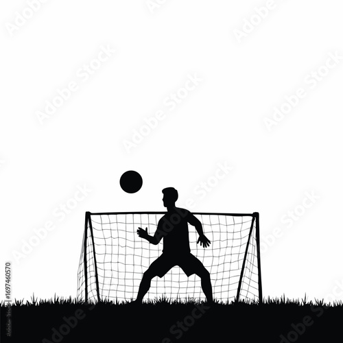 Silhouette of a soccer goalkeeper catching a ball near goal on grass