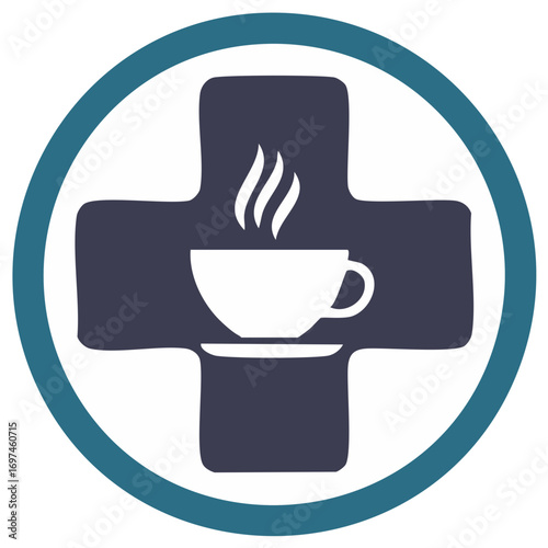 Medical Coffee Logo Featuring Plus Symbol and Steaming Cup Beverage Design Concept