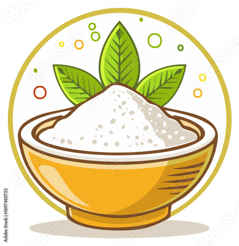 Bowl of natural white powder with green leaves cartoon illustration for organic food logo