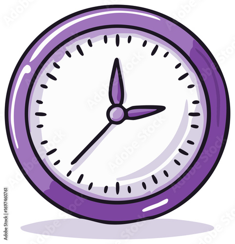 Purple cartoon clock with stylized hands indicating a specific time