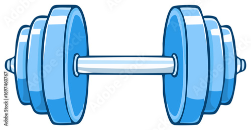 Cartoon illustration of a blue dumbbell for weightlifting and fitness training.